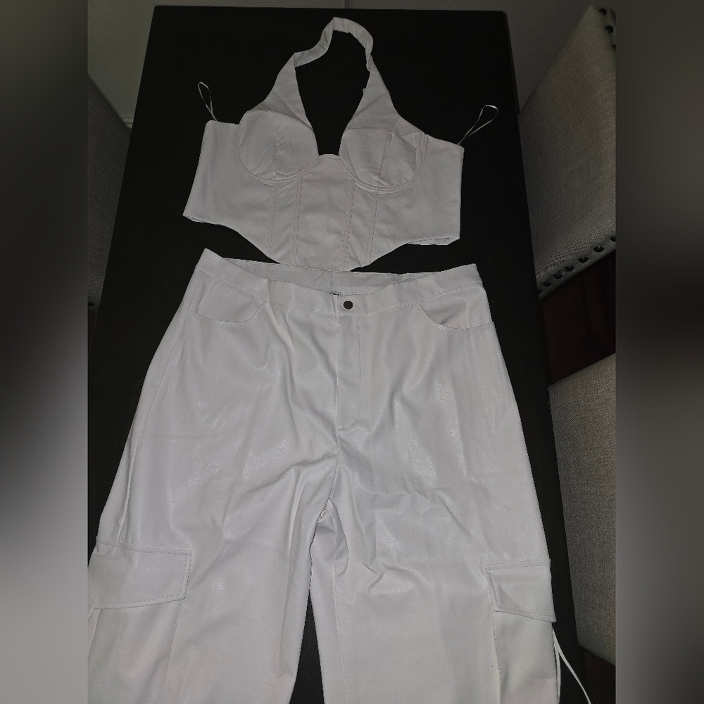 After Party Faux Leather Pant Set - White